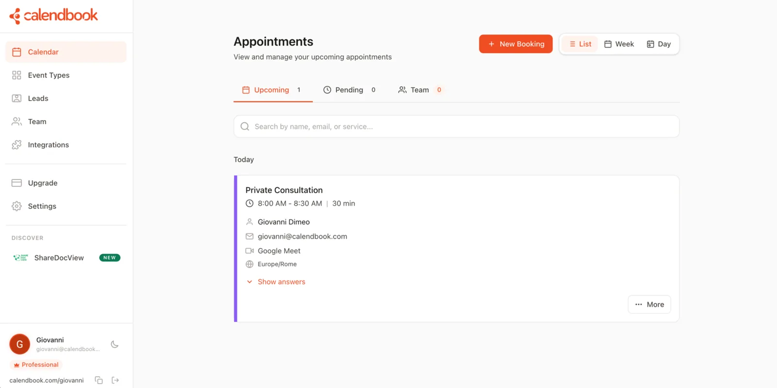 Dashboard appuntamenti di Calendbook con una consulenza privata in programma