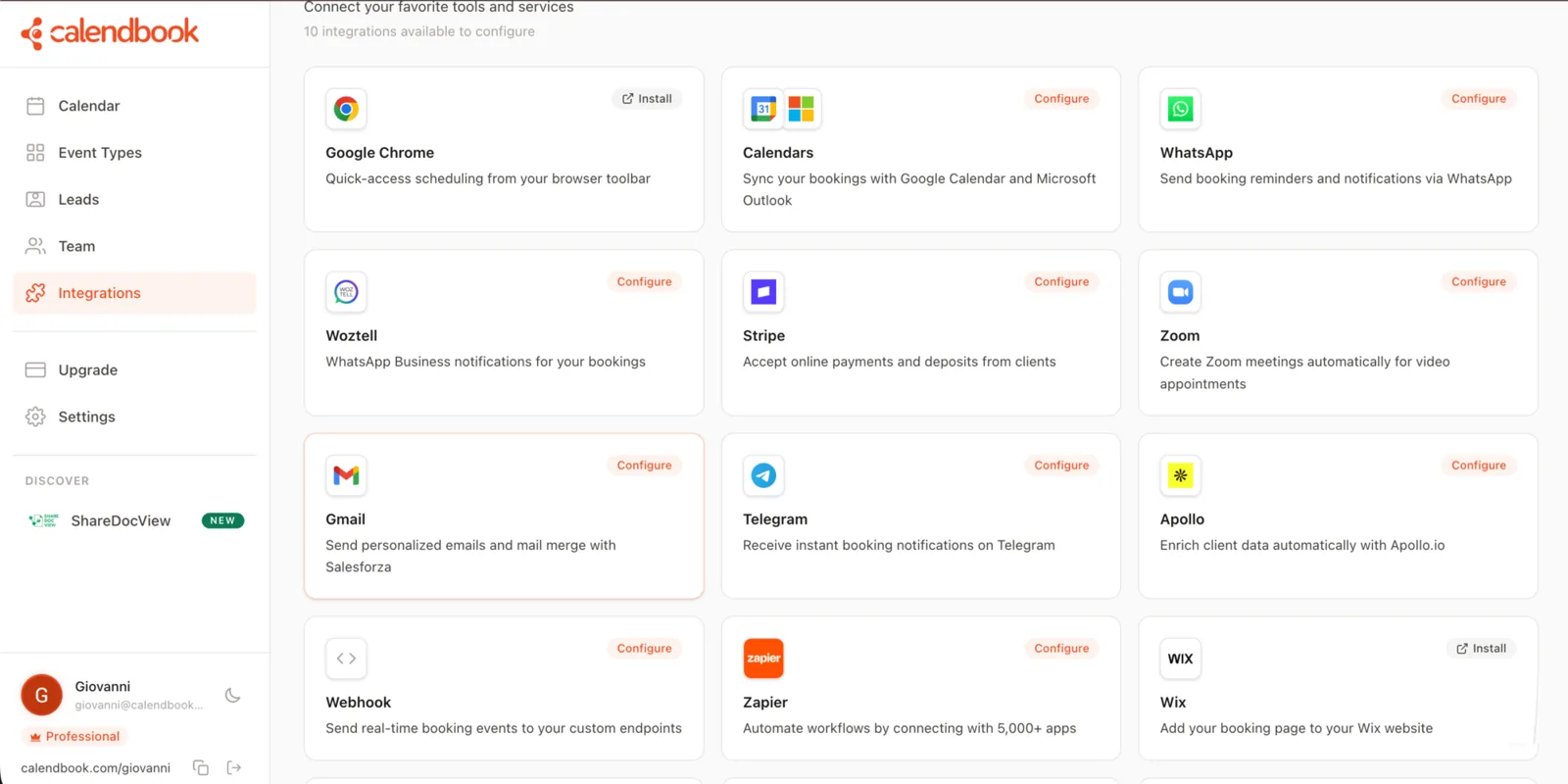 Integrazioni: calendari Google e Outlook, WhatsApp, Stripe, Zoom, Zapier e altre