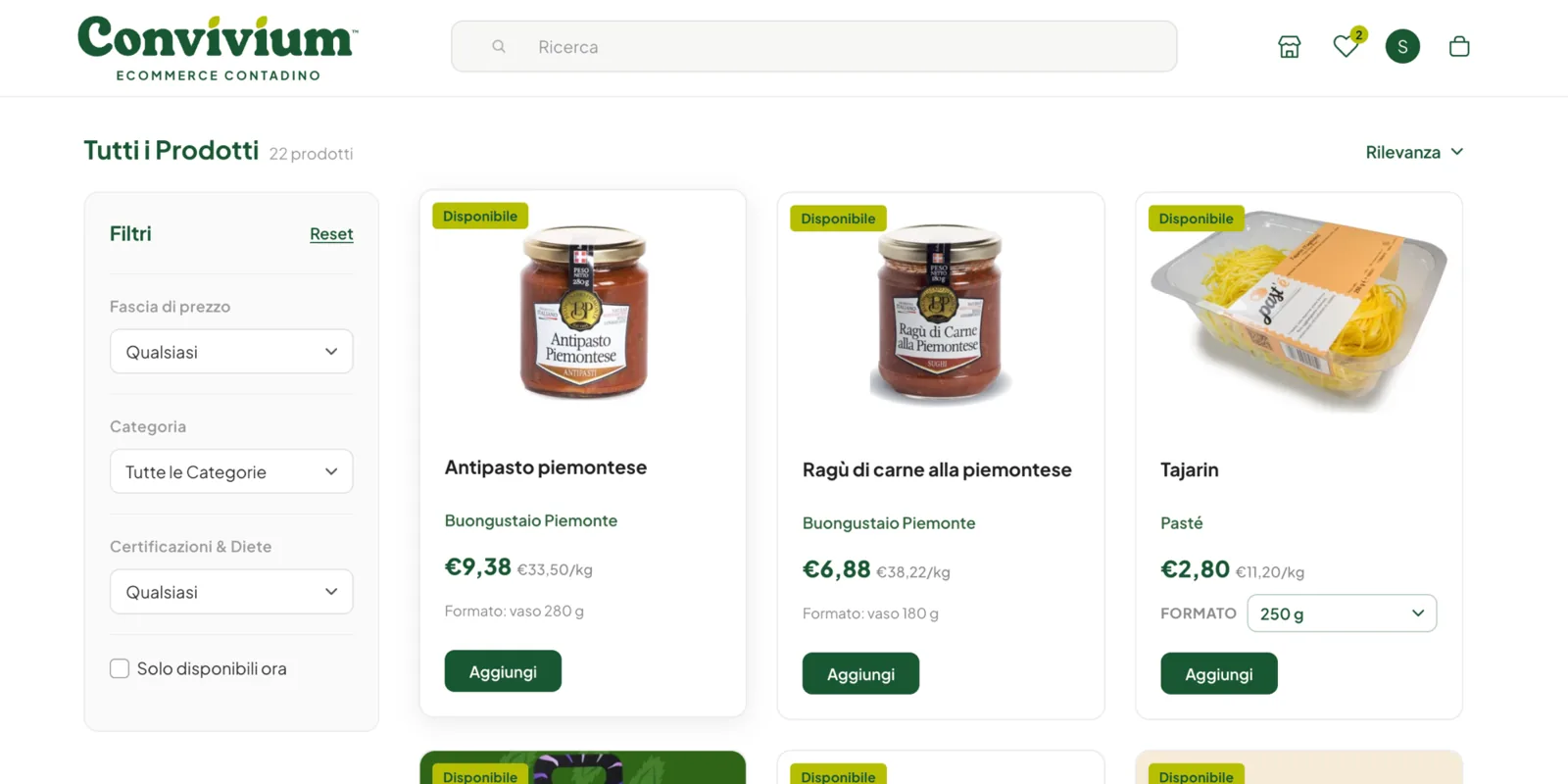 Catalogo prodotti con filtri per prezzo, categoria, certificazione e disponibilità