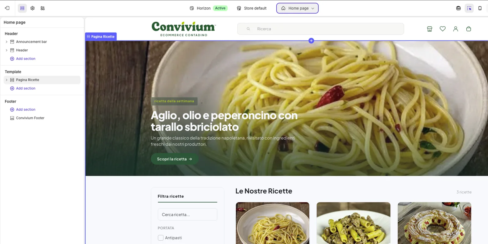 Editor del tema Shopify sulla pagina ricette di Convivium: sezioni custom in Liquid