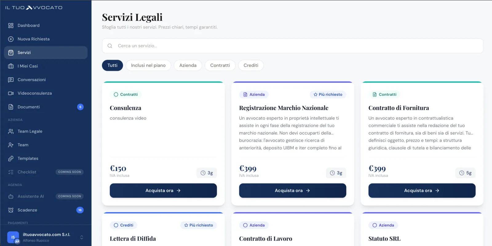 Catalogo servizi legali con prezzi fissi, tempi di consegna e acquisto in un click