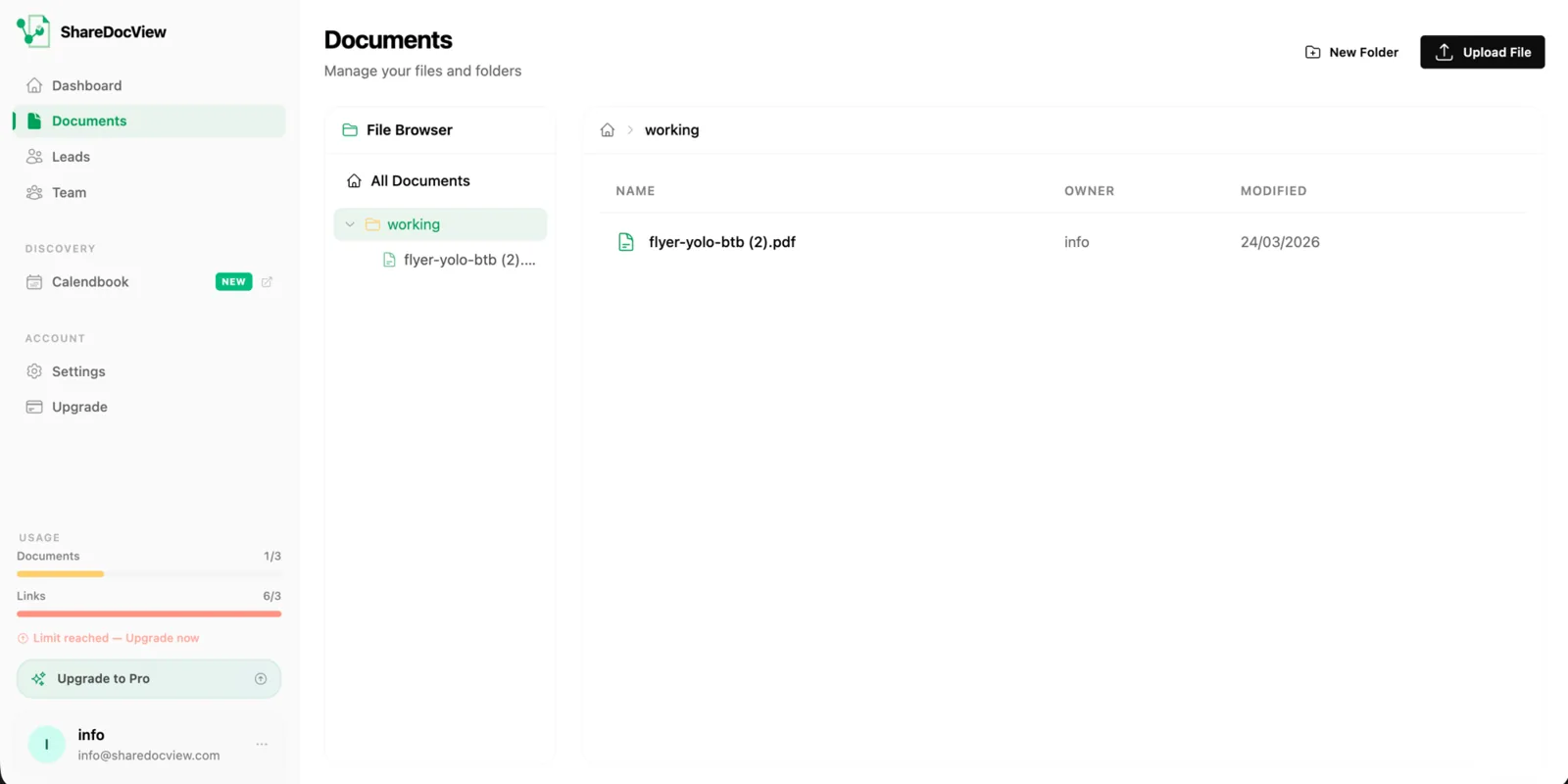 Documenti di ShareDocView: cartelle, file e limiti di utilizzo in una vista