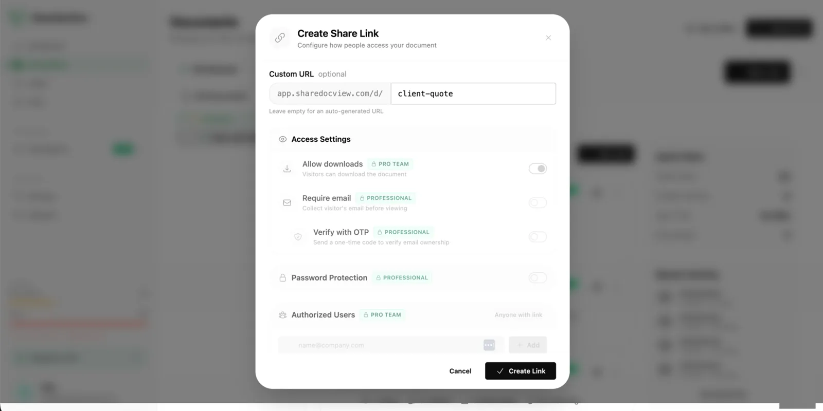 Crea un link di condivisione: URL personalizzato, download, email obbligatoria, OTP, password e utenti autorizzati